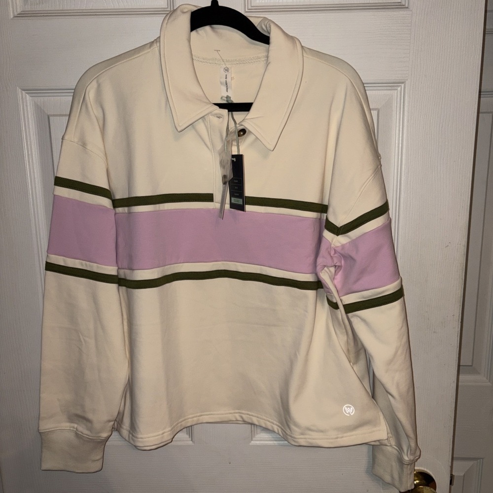 NWT We Wander L Rugby Striped Pullover Sweatshirt 40 UPF Cream Pink Green Polo